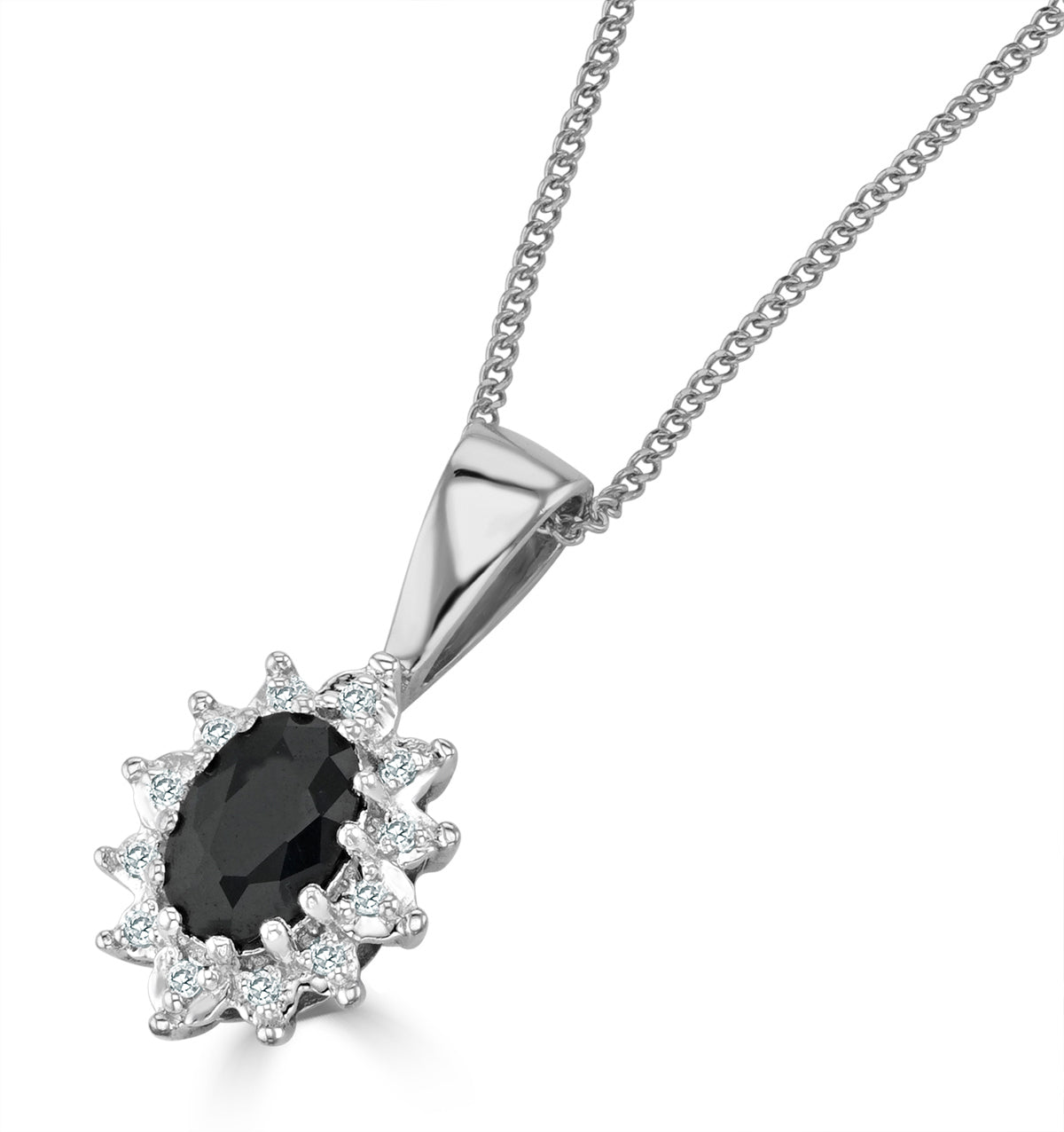 Sapphire and Diamond Cluster Pendant Necklace 6x4mm in 9K White Gold
